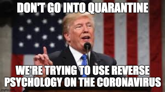 Reverse Psychology on Diseases | DON'T GO INTO QUARANTINE; WE'RE TRYING TO USE REVERSE
PSYCHOLOGY ON THE CORONAVIRUS | image tagged in coronavirus | made w/ Imgflip meme maker