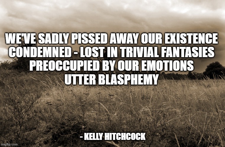 Dark Landscape | WE'VE SADLY PISSED AWAY OUR EXISTENCE 
CONDEMNED - LOST IN TRIVIAL FANTASIES 
PREOCCUPIED BY OUR EMOTIONS 
UTTER BLASPHEMY; - KELLY HITCHCOCK | image tagged in dark landscape | made w/ Imgflip meme maker