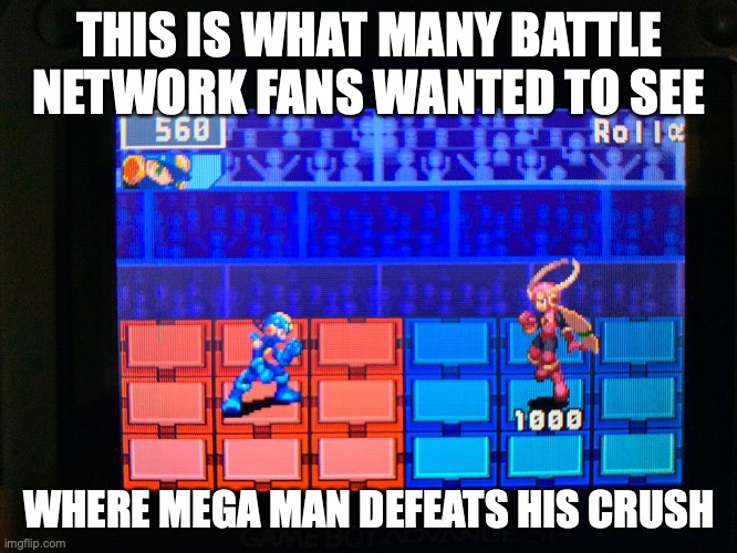 Mega Man.EXE vs Roll.EXE | THIS IS WHAT MANY BATTLE NETWORK FANS WANTED TO SEE; WHERE MEGA MAN DEFEATS HIS CRUSH | image tagged in megaman,megaman nt warrior,megaman battle network,memes,gaming | made w/ Imgflip meme maker