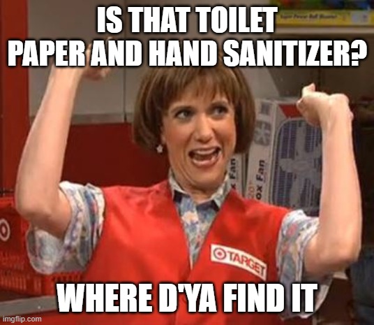 Target Lady | IS THAT TOILET PAPER AND HAND SANITIZER? WHERE D'YA FIND IT | image tagged in target lady | made w/ Imgflip meme maker