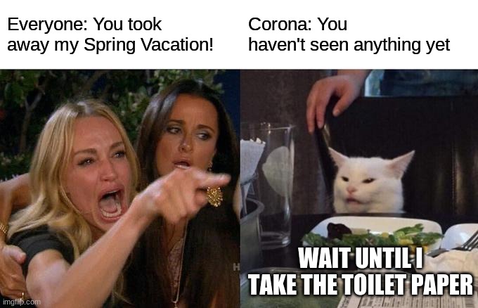 Woman Yelling At Cat Meme | Everyone: You took away my Spring Vacation! Corona: You haven't seen anything yet; WAIT UNTIL I TAKE THE TOILET PAPER | image tagged in memes,woman yelling at cat | made w/ Imgflip meme maker