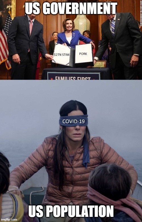 covid-19 blindfold | US GOVERNMENT; US POPULATION | image tagged in blindfold,covid-19 | made w/ Imgflip meme maker