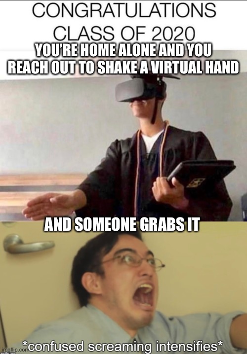 YOU’RE HOME ALONE AND YOU REACH OUT TO SHAKE A VIRTUAL HAND; AND SOMEONE GRABS IT | image tagged in fun,graduation | made w/ Imgflip meme maker