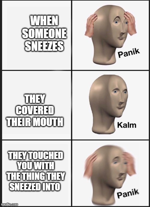 panik calm panik | WHEN SOMEONE SNEEZES; THEY COVERED THEIR MOUTH; THEY TOUCHED YOU WITH THE THING THEY SNEEZED INTO | image tagged in panik calm panik | made w/ Imgflip meme maker