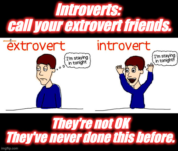 We must all hang together... |  Introverts: 
call your extrovert friends. They're not OK
They've never done this before. | image tagged in introvert,extrovert | made w/ Imgflip meme maker
