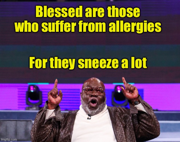 Bless you | Blessed are those who suffer from allergies; For they sneeze a lot | image tagged in td jakes,sneeze,allergies,blessed | made w/ Imgflip meme maker