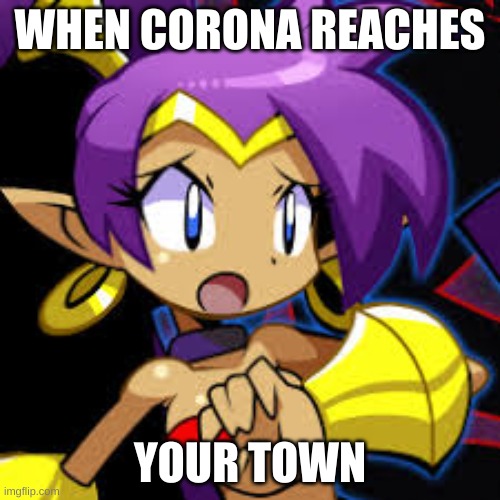 Shantae scared | WHEN CORONA REACHES; YOUR TOWN | image tagged in shantae scared | made w/ Imgflip meme maker