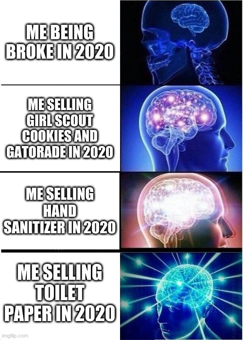 Expanding Brain | ME BEING BROKE IN 2020; ME SELLING GIRL SCOUT COOKIES AND GATORADE IN 2020; ME SELLING HAND SANITIZER IN 2020; ME SELLING TOILET PAPER IN 2020 | image tagged in memes,expanding brain | made w/ Imgflip meme maker