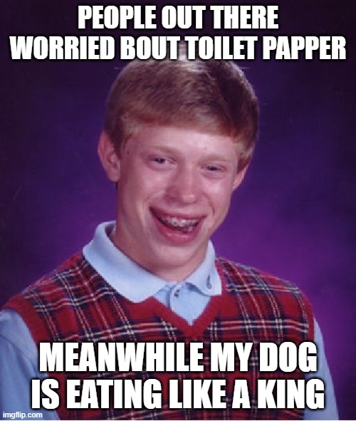 Bad Luck Brian | PEOPLE OUT THERE WORRIED BOUT TOILET PAPPER; MEANWHILE MY DOG IS EATING LIKE A KING | image tagged in memes,bad luck brian | made w/ Imgflip meme maker