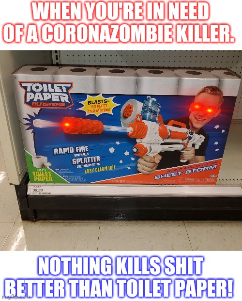 Toilet paper gun | WHEN YOU'RE IN NEED OF A CORONAZOMBIE KILLER. NOTHING KILLS SHIT BETTER THAN TOILET PAPER! | image tagged in toilet paper gun | made w/ Imgflip meme maker