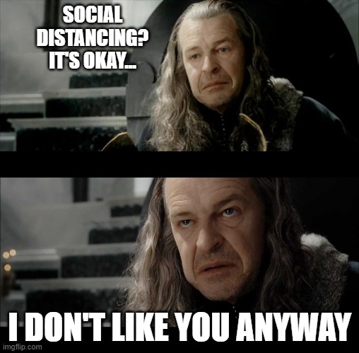 Corona | SOCIAL DISTANCING? IT'S OKAY... I DON'T LIKE YOU ANYWAY | image tagged in lotr,lord of the rings,social distancing,denethor | made w/ Imgflip meme maker