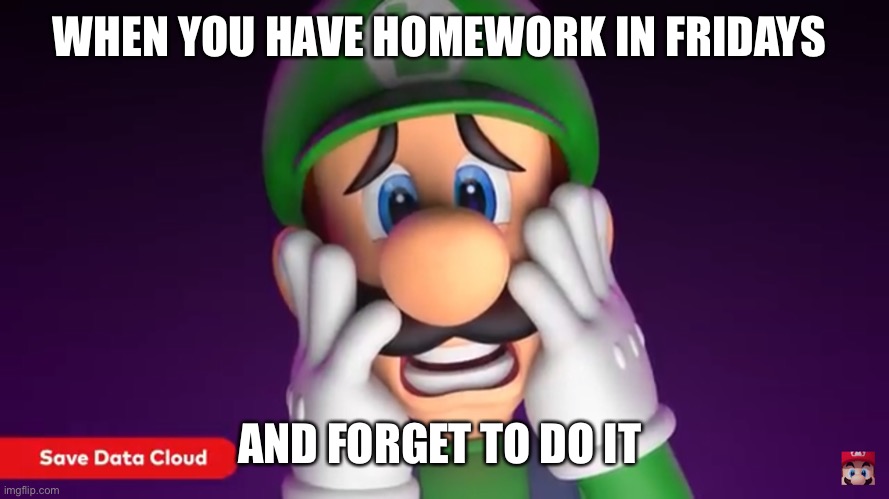 Luigi homework meme | WHEN YOU HAVE HOMEWORK IN FRIDAYS; AND FORGET TO DO IT | image tagged in homework,school,nintendo,nintendo switch,luigi | made w/ Imgflip meme maker