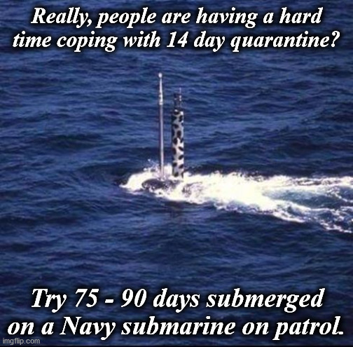 ssn | Really, people are having a hard time coping with 14 day quarantine? Try 75 - 90 days submerged on a Navy submarine on patrol. | image tagged in ssn | made w/ Imgflip meme maker