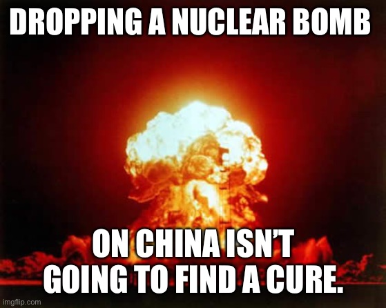 Nuclear Explosion Meme | DROPPING A NUCLEAR BOMB; ON CHINA ISN’T GOING TO FIND A CURE. | image tagged in memes,nuclear explosion | made w/ Imgflip meme maker