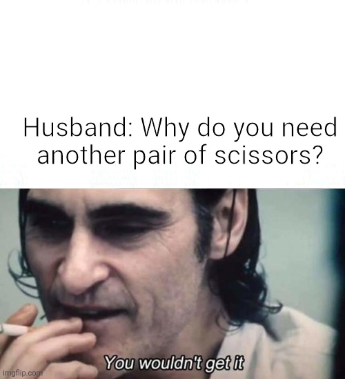 You Wouldnt get it | Husband: Why do you need another pair of scissors? | image tagged in you wouldnt get it | made w/ Imgflip meme maker
