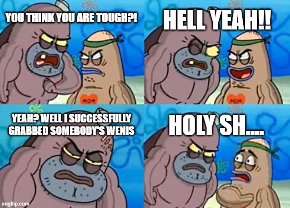 How Tough Are You Meme | HELL YEAH!! YOU THINK YOU ARE TOUGH?! YEAH? WELL I SUCCESSFULLY GRABBED SOMEBODY'S WENIS; HOLY SH.... | image tagged in memes,how tough are you | made w/ Imgflip meme maker
