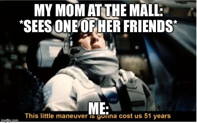This Little Manuever is Gonna Cost us 51 Years | MY MOM AT THE MALL: *SEES ONE OF HER FRIENDS*; ME: | image tagged in this little manuever is gonna cost us 51 years | made w/ Imgflip meme maker