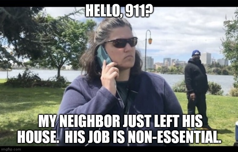BBQ Becky | HELLO, 911? MY NEIGHBOR JUST LEFT HIS HOUSE.  HIS JOB IS NON-ESSENTIAL. | image tagged in bbq becky | made w/ Imgflip meme maker