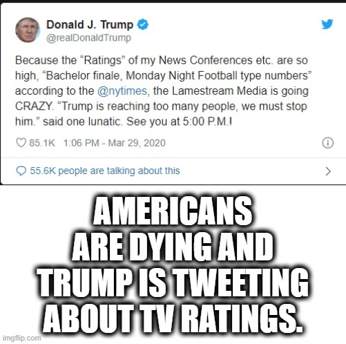 You Must Be A Very Proud Supporter. | AMERICANS ARE DYING AND TRUMP IS TWEETING ABOUT TV RATINGS. | image tagged in donald trump,criminal,idiot,fake president,coronavirus,ratings | made w/ Imgflip meme maker