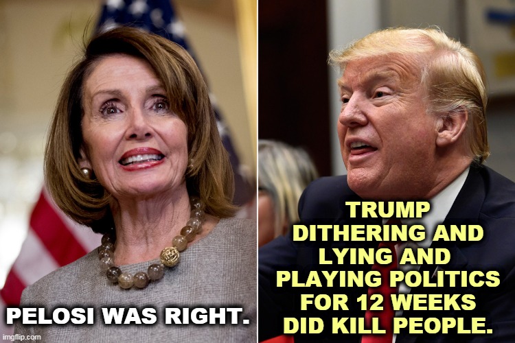 This is why Lindsey Graham was screeching in fake outrage. That's how you know it's true. Trump's scr*wing around cost lives. | TRUMP DITHERING AND LYING AND 
PLAYING POLITICS FOR 12 WEEKS DID KILL PEOPLE. PELOSI WAS RIGHT. | image tagged in nancy pelosi,right,trump,wrong,lindsey graham,liar | made w/ Imgflip meme maker