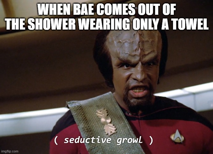 WHEN BAE COMES OUT OF THE SHOWER WEARING ONLY A TOWEL | image tagged in bae,worf,star trek,star trek tng,tng,lieutenant worf | made w/ Imgflip meme maker
