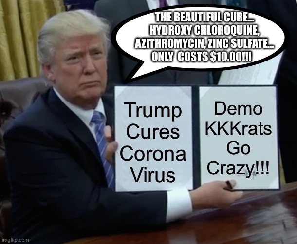 Trump Bill Signing | THE BEAUTIFUL CURE… HYDROXY CHLOROQUINE, AZITHROMYCIN, ZINC SULFATE… ONLY  COSTS $10.00!!! Demo KKKrats Go Crazy!!! Trump Cures Corona Virus | image tagged in memes,trump bill signing | made w/ Imgflip meme maker