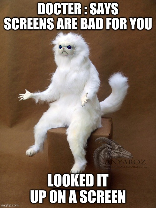 Persian Cat Room Guardian Single | DOCTER : SAYS SCREENS ARE BAD FOR YOU; LOOKED IT UP ON A SCREEN | image tagged in memes,persian cat room guardian single | made w/ Imgflip meme maker