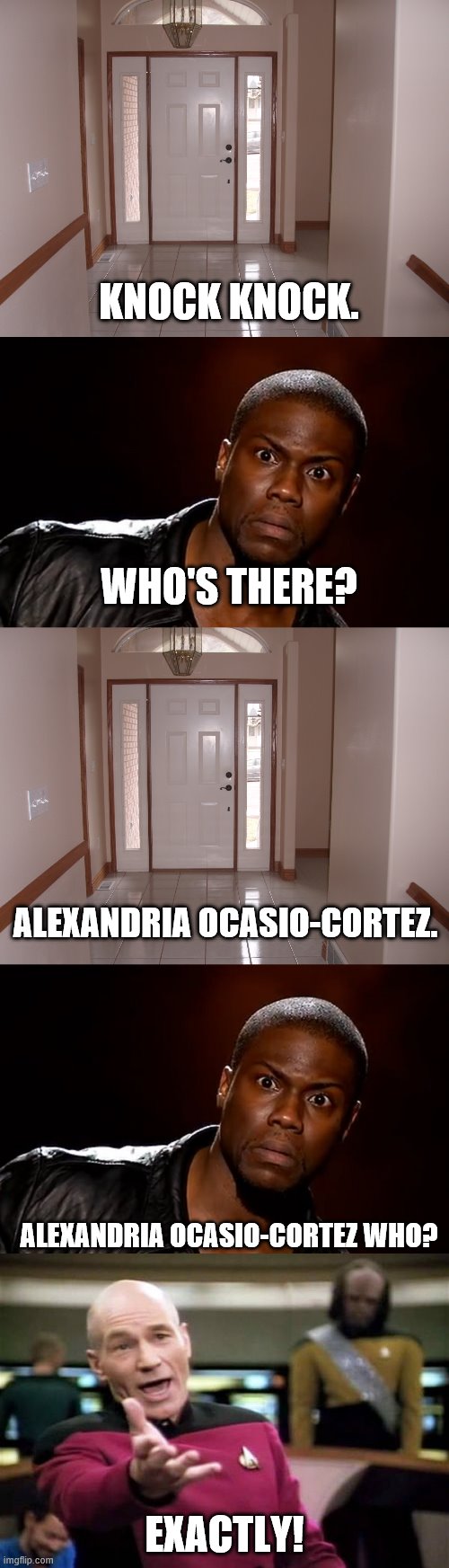 What's the diagnosis on her? | KNOCK KNOCK. WHO'S THERE? ALEXANDRIA OCASIO-CORTEZ. ALEXANDRIA OCASIO-CORTEZ WHO? EXACTLY! | image tagged in picard wtf,kevin hart the hell,alexandria ocasio-cortez,stupid liberals,knock knock | made w/ Imgflip meme maker