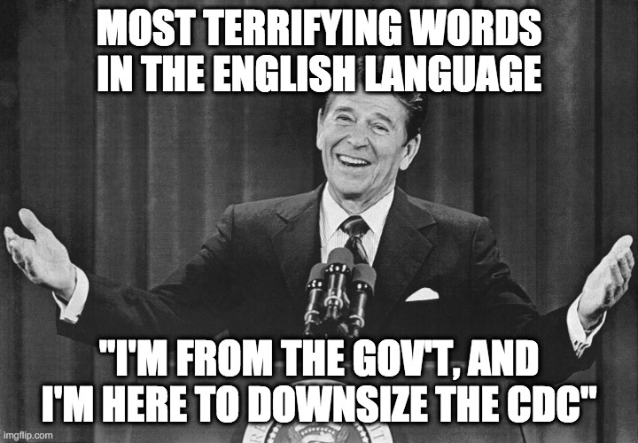 from the government | MOST TERRIFYING WORDS IN THE ENGLISH LANGUAGE; "I'M FROM THE GOV'T, AND I'M HERE TO DOWNSIZE THE CDC" | image tagged in pandemic,coronavirus,covid19,reagan | made w/ Imgflip meme maker