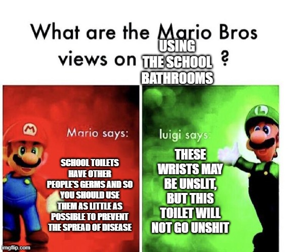 Mario Bros Views | USING THE SCHOOL BATHROOMS; THESE WRISTS MAY BE UNSLIT, BUT THIS TOILET WILL NOT GO UNSHIT; SCHOOL TOILETS HAVE OTHER PEOPLE'S GERMS AND SO YOU SHOULD USE THEM AS LITTLE AS POSSIBLE TO PREVENT THE SPREAD OF DISEASE | image tagged in mario bros views | made w/ Imgflip meme maker