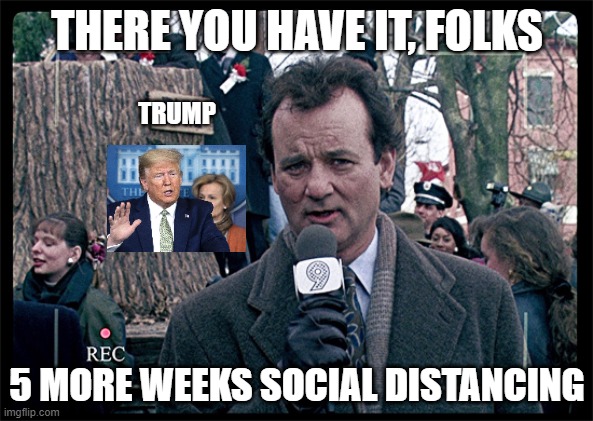 Groundhog Day | THERE YOU HAVE IT, FOLKS; TRUMP; 5 MORE WEEKS SOCIAL DISTANCING | image tagged in groundhog day | made w/ Imgflip meme maker