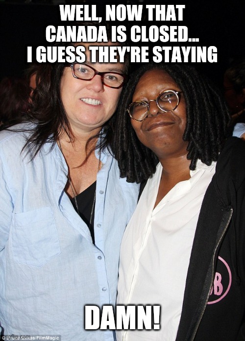 WELL, NOW THAT CANADA IS CLOSED...
I GUESS THEY'RE STAYING; DAMN! | image tagged in rosie o'donnell,whoopi goldberg,canada | made w/ Imgflip meme maker