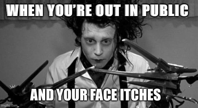 Edward Scissorhands | WHEN YOU’RE OUT IN PUBLIC; AND YOUR FACE ITCHES | image tagged in edward scissorhands | made w/ Imgflip meme maker