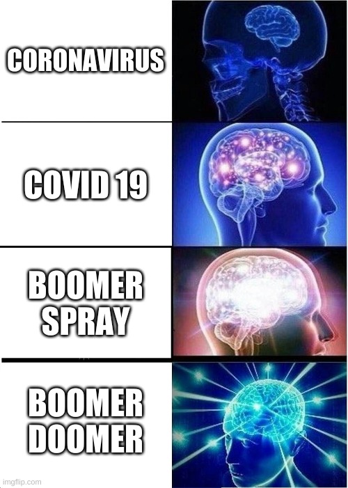 Expanding Brain Meme | CORONAVIRUS; COVID 19; BOOMER SPRAY; BOOMER DOOMER | image tagged in memes,expanding brain | made w/ Imgflip meme maker