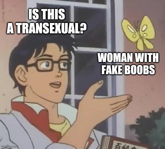 Is This A Pigeon | IS THIS A TRANSEXUAL? WOMAN WITH FAKE BOOBS | image tagged in memes,is this a pigeon | made w/ Imgflip meme maker