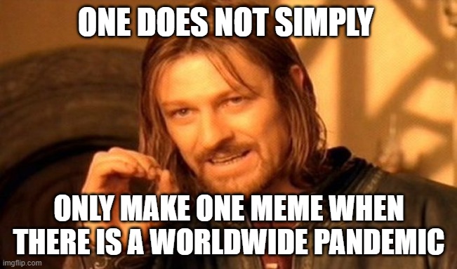 One Does Not Simply | ONE DOES NOT SIMPLY; ONLY MAKE ONE MEME WHEN THERE IS A WORLDWIDE PANDEMIC | image tagged in memes,one does not simply | made w/ Imgflip meme maker