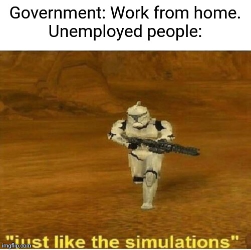 Coronavirus | Government: Work from home.
Unemployed people: | image tagged in just like the simulations,memes,coronavirus,star wars | made w/ Imgflip meme maker