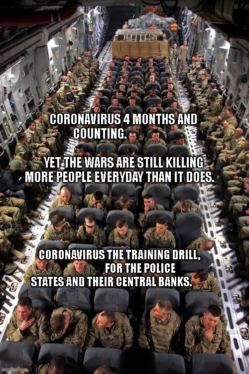 US Troops | CORONAVIRUS 4 MONTHS AND COUNTING.                                                  YET THE WARS ARE STILL KILLING MORE PEOPLE EVERYDAY THAN IT DOES. CORONAVIRUS THE TRAINING DRILL,                      FOR THE POLICE STATES AND THEIR CENTRAL BANKS. | image tagged in us troops | made w/ Imgflip meme maker