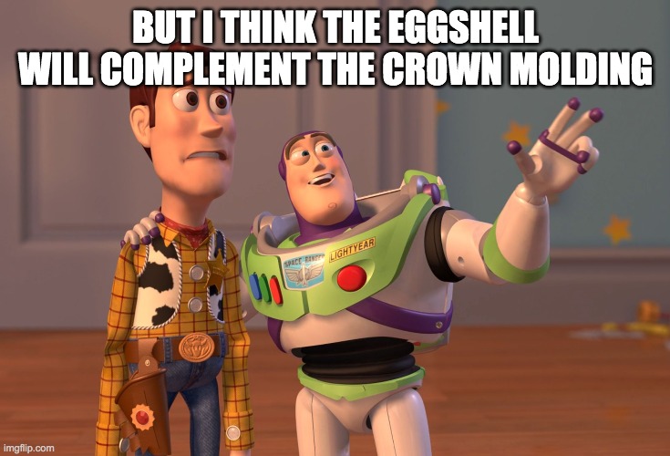 X, X Everywhere | BUT I THINK THE EGGSHELL WILL COMPLEMENT THE CROWN MOLDING | image tagged in memes,x x everywhere | made w/ Imgflip meme maker