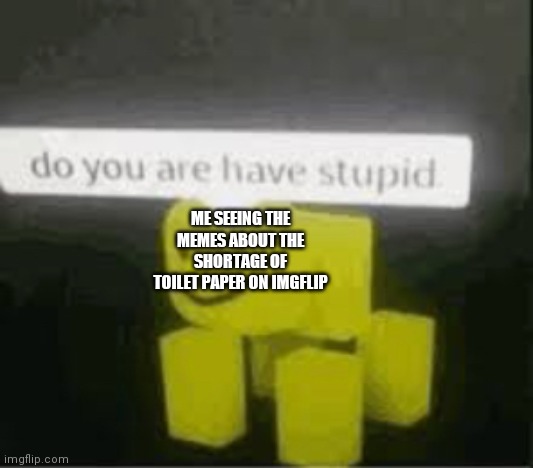 do you are have stupid | ME SEEING THE MEMES ABOUT THE SHORTAGE OF TOILET PAPER ON IMGFLIP | image tagged in do you are have stupid | made w/ Imgflip meme maker