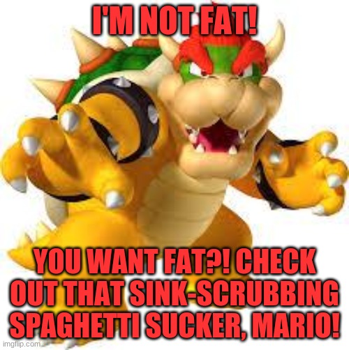 Bowser | I'M NOT FAT! YOU WANT FAT?! CHECK OUT THAT SINK-SCRUBBING SPAGHETTI SUCKER, MARIO! | image tagged in bowser | made w/ Imgflip meme maker