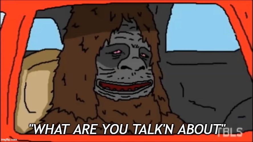 sassy the Sasquatch | "WHAT ARE YOU TALK'N ABOUT" | image tagged in mems,stoned | made w/ Imgflip meme maker