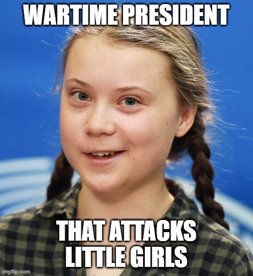 Greta Thunberg | WARTIME PRESIDENT THAT ATTACKS LITTLE GIRLS | image tagged in greta thunberg | made w/ Imgflip meme maker