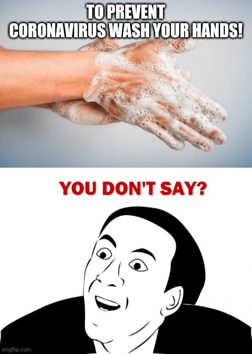 Coronavirus | TO PREVENT CORONAVIRUS WASH YOUR HANDS! | image tagged in memes,you don't say,wash your hands,coronavirus,funny | made w/ Imgflip meme maker