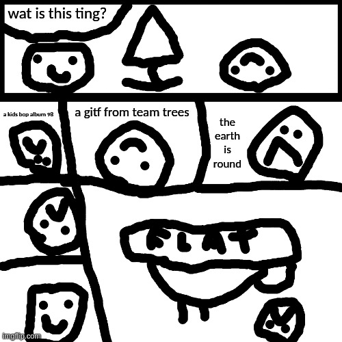 derp meeting suggestion | wat is this ting? a gitf from team trees; a kids bop album 98; the earth is round | image tagged in derp meeting suggestion | made w/ Imgflip meme maker