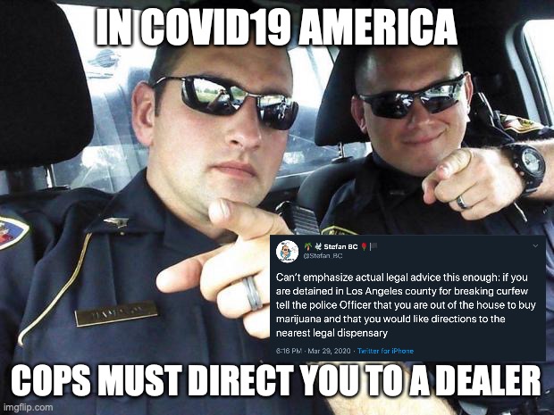 Cops | IN COVID19 AMERICA; COPS MUST DIRECT YOU TO A DEALER | image tagged in cops | made w/ Imgflip meme maker