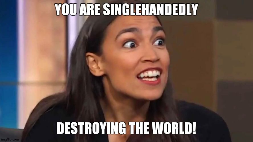 Crazy AOC | YOU ARE SINGLEHANDEDLY DESTROYING THE WORLD! | image tagged in crazy aoc | made w/ Imgflip meme maker