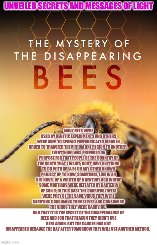 UNVEILED SECRETS AND MESSAGES OF LIGHT; MANY BEES WERE USED BY GENETIC EXPERIMENTS AND OTHERS WERE USER TO SPREAD PREFABRICATED VIRUS IN ORDER TO TRANSFER THEM FROM ONE REGION TO ANOTHER. 
EVERYTHING WAS PREPARED ON PURPOSE FOR THAT PEOPLE OF THE COUNTRY OF THE NORTH THAT I INSIST; DON’T HAVE ANYTHING TO DO WITH AREA 51 OR ANY OTHER KNOWN PROJECT UP TO NOW. SOMETIMES, LIKE IN AN OLD NOVEL OF A WRITER OF A CENTURY AGO WHERE SOME MARTIANS WERE DEFEATED BY BACTERIA OF SUN 3; IN THIS CASE THE CARRIERS (BEES) WERE PREY OF THE SAME VIRUS THEY WERE CARRYING CONSUMING THEMSELVES AND CONSUMING THE VIRUS THEY WERE CARRYING. 
AND THAT IT IS THE SECRET OF THE DISAPPEARANCE OF BEES AND FOR THAT REASON THEY DIDN'T USE BEES AGAIN. BUT THE DANGER HAS NOT DISAPPEARED BECAUSE THE DAY AFTER TOMORROW THEY WILL USE ANOTHER METHOD. | image tagged in dissapearing bees | made w/ Imgflip meme maker
