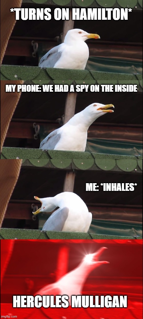 Inhaling Seagull | *TURNS ON HAMILTON*; MY PHONE: WE HAD A SPY ON THE INSIDE; ME: *INHALES*; HERCULES MULLIGAN | image tagged in memes,inhaling seagull | made w/ Imgflip meme maker