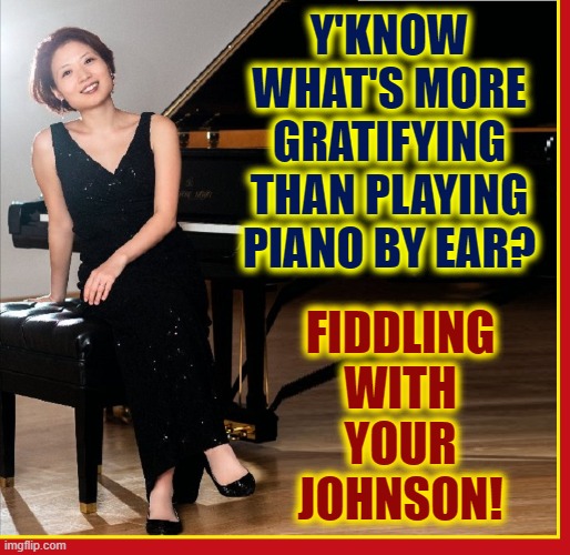 Stand-Up Comedienne Sits Down | Y'KNOW WHAT'S MORE GRATIFYING THAN PLAYING PIANO BY EAR? FIDDLING WITH YOUR JOHNSON! | image tagged in vince vance,asian girl,playing,piano,ear,fiddle | made w/ Imgflip meme maker